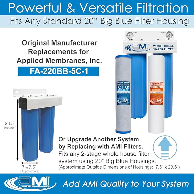 APPLIED MEMBRANES INC. Whole House Water Filter Replacement Filter Cartridge Set | 2 Stage 4.5” x 20” Sediment and Carbon Block Filters | Fits 20-inch Housings