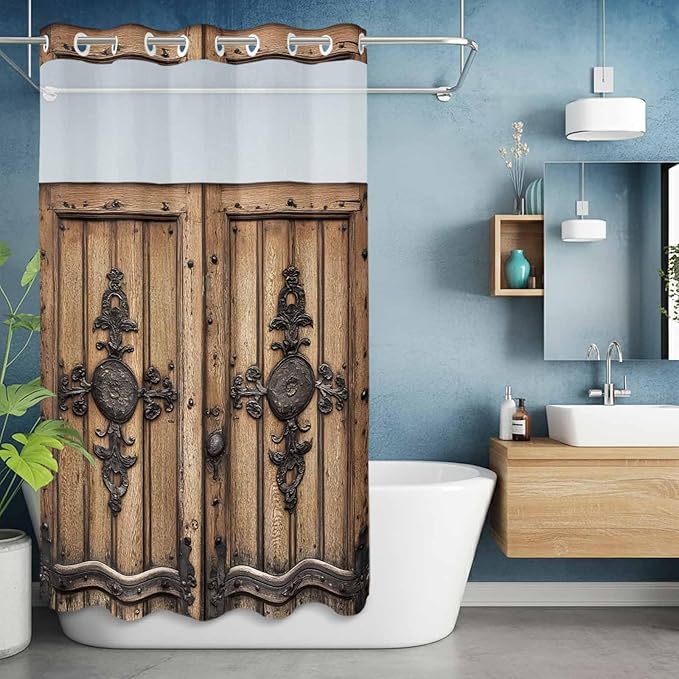 Wood Barn Door No Hook Shower Curtain with Snap in Liner Set, Waterproof Shower Curtains for Bathroom, Wooden Plank Fabric Shower Curtain, See Through Mesh Top Window, 36" W x 78" L