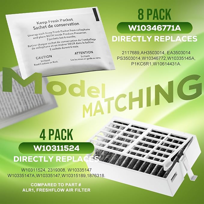 Funmit W10311524 Air Filter (4 Pack) & W10346771A Freshflow Produce Preserver (8 Pack) Replacement for Whirlpool Refrigerator