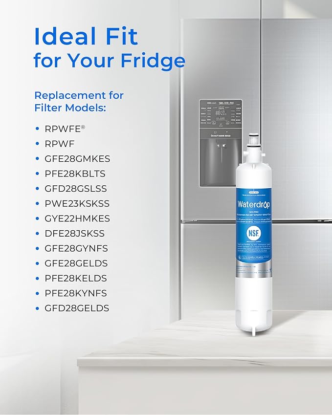 Waterdrop WD-F19C Replacement for GE® RPWFE®, RPWF (with CHIP) Refrigerator Water Filter, Compatible with GFE28GBLTS, GFE28GGKBB, GFE28GSKSS, PFE28KSKSS, PFE28KMKES, Package May Vary