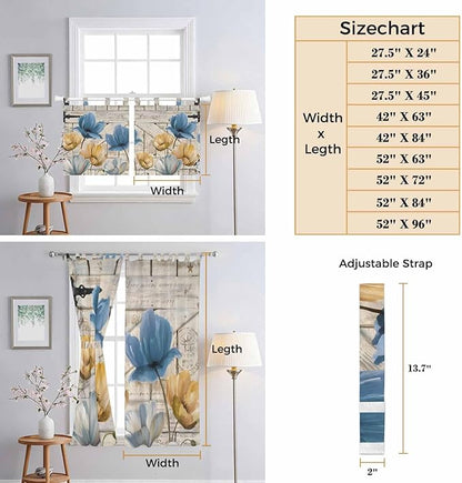 Blue Yellow Tulips Kitchen Curtains 36 Inch Length, Small Window Curtains Tab Top, Retro Farmhouse Flower Barn Doors Wooden Light Filtering Short Window Treatments Tier Drapes 27.5"x36" 2 Panel