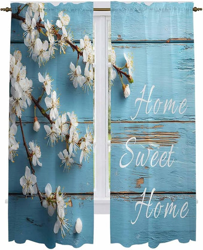 Farmhouse Wooden Grain Kitchen Curtains, Vintage Shabby Chic Flower Blue Light Filtering Window Curtain Panels, 2Pcs Rod Pocket Window Treatments Set for Living Room Bathroom Bedroom 52x72 Inches