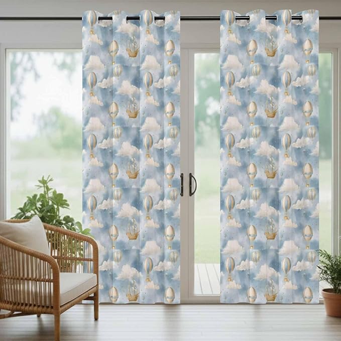 Hot Air Balloons Outdoor Curtains for Patio Fantasy Spaceship Cartoon Vintage Waterproof Outside Curtains with Grommet Top Weatherproof Curtain for Cabana Pergola Gazebo, 1 Panel, 54" W x 84" L