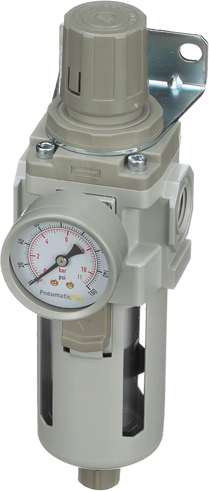 PneumaticPlus SAW400-N04BG Compressed Air Filter Regulator Piggyback Combo 1/2" NPT - Poly Bowl, Manual Drain, Bracket, Gauge