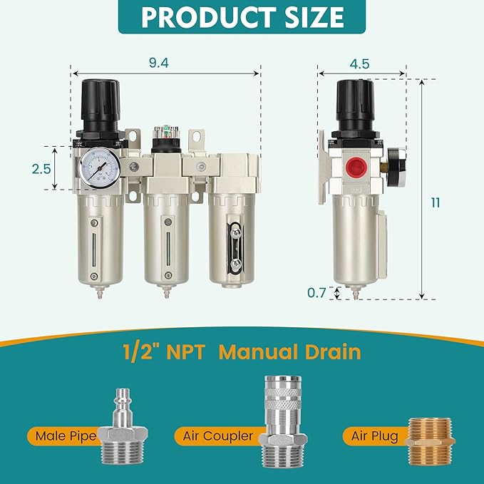1/2" NPT Industrial Air Dryer for Compressor,3 Stage Air Compressor Water Separator System,Filter Oil Water Separator Dryer for Plasma Cutter and Paint Spray,Manual Drain