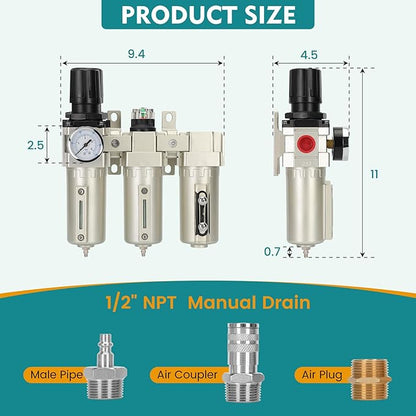 1/2" NPT Industrial Air Dryer for Compressor,3 Stage Air Compressor Water Separator System,Filter Oil Water Separator Dryer for Plasma Cutter and Paint Spray,Manual Drain