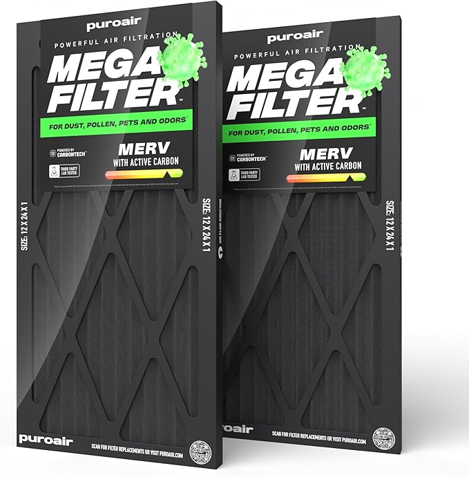 PuroAir MegaFilter - 12x24x1 Air Filter MERV 13 Activated CarbonTech Defense - Heavy Duty 3 Layer Furnace Filters Allergens, Pollen, Dust, Pet Dander, Smoke, Odors - HVAC Air Filter 12x24x1 (2-Pack)
