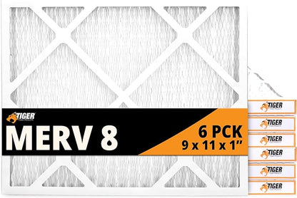 Tiger Tough 9x11x1 Air Filter MERV 8 MPR 600-800, High-Performance Pleated HVAC AC Furnace Filter Replacement for Home, 6-Pack