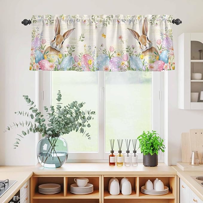 Kitchen Curtains Tiers and Valance Set of 3, Easter Light Filtering Window Curtain Set, Pastoral Spring Bunny Eggs Botanical Flowers Leaf Rod Pocket Curtain Drapes for Living Room, 36 Inches Tiers