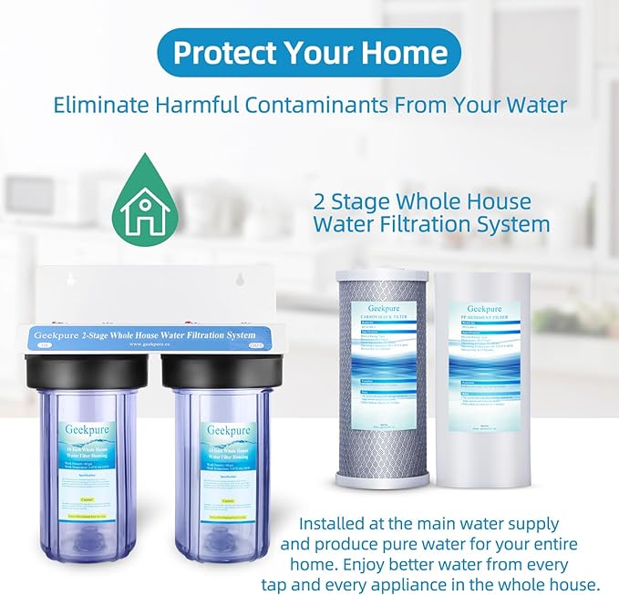 Geekpure 2 Stage Whole House Water Filter System with 10-Inch Big Clear Housing PP and Carbon Filters-1"NPT