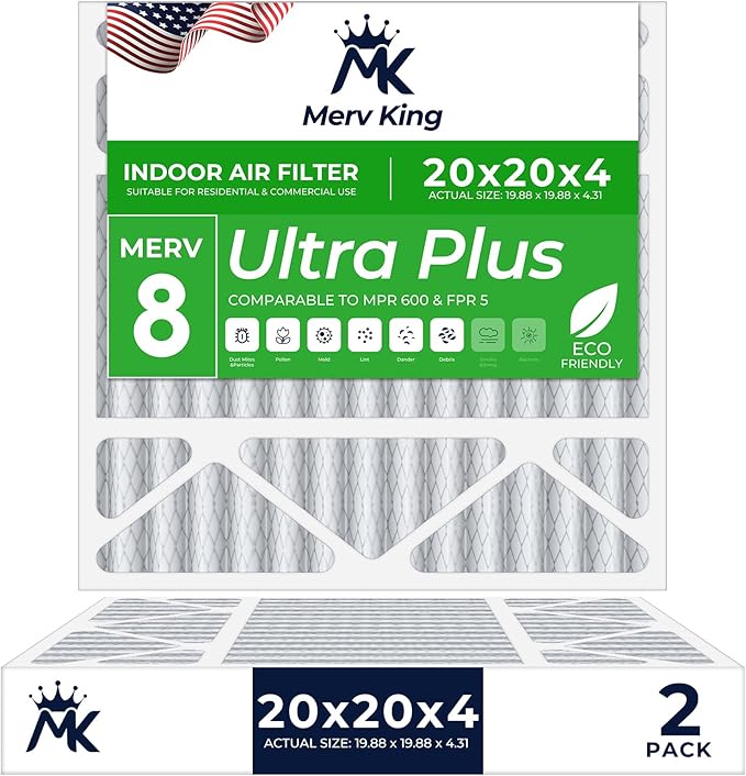 MervKing 20x20x4 Air Filter Actual Size: 19.88" x 19.88" x 4.31" MERV 8 MPR 600-700 | MADE IN USA | 2-Pack | Pleated HVAC AC Furnace Replacement