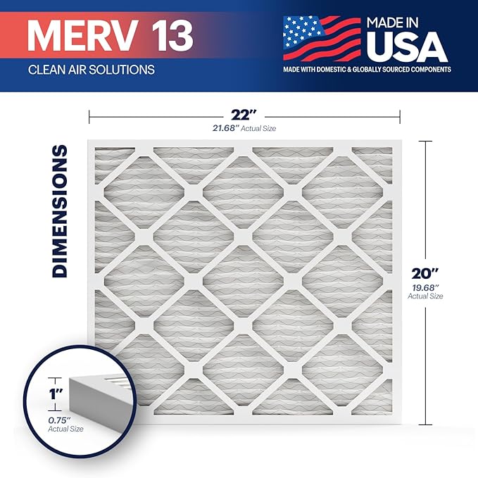 BNX TruFilter 20x22x1 Air Filter MERV 13 (12-Pack) - MADE IN USA - Electrostatic Pleated Air Conditioner HVAC AC Furnace Filters for Allergies, Pollen, Mold, Bacteria, Smoke, Allergen, MPR 1900 FPR 10