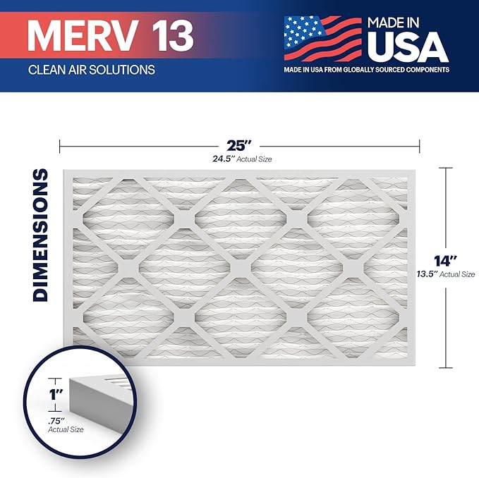 BNX TruFilter 14x25x1 MERV 13 (2-Pack) AC Furnace Air Filter - MADE IN USA - Electrostatic Pleated Air Conditioner HVAC AC Furnace Filters - Removes Pollen, Mold, Bacteria, Smoke