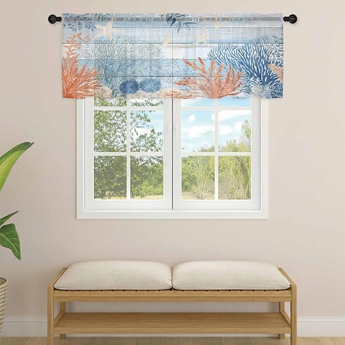 Ocean Corals Sheer Valance Curtains, Summer Beach Coral Sea Stars Blue Wood Grain Light Filtering Kitchen Valances Rod Pocket Voile Curtain Window Treatment for Bedroom/Living Room/Basement 42Wx12L