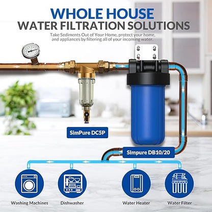 SimPure 100/500 Micron Spin Down Sediment Filter, Reusable Whole House Sediment Water Filter, Pre-Filtration System for City/Well water, 1" MNPT + 3/4" FNPT + 3/4"MNPT, BPA Free