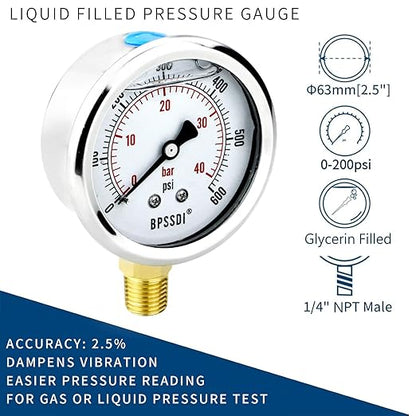 0-200 Psi Glycerin Liquid Filled Low Pressure Gauge, 2.5" Dial Size, 1/4" NPT Lower Mount, 304 Stainless Steel Case, for Water Pipe, HVAC, Water Oil Air Pressure Test