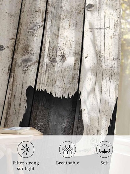 Sheer Curtains 45 Inch Length, Vintage White Brown Bear Semi Sheer Curtains Light Filtering Window Treatment, Retro Country Rustic Wood Grain Privacy Voile Drapes for Living Room Bedroom 52x45 Inch