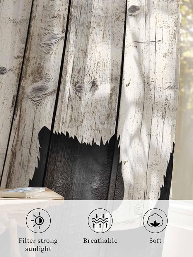 Sheer Curtains 63 Inch Length, Vintage White Brown Bear Semi Sheer Curtains Light Filtering Window Treatment, Retro Country Rustic Wood Grain Privacy Voile Drapes for Living Room Bedroom 52x63 Inch