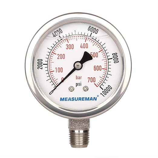 MEASUREMAN 2-1/2" dial,Glycerin Filled Hydraulics Pressure Gauge Stainless Steel case, 316 SS Wetted Part, 0-10000psi/bar1/4 NPT,Lower Mount