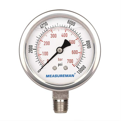 MEASUREMAN 2-1/2" dial,Glycerin Filled Hydraulics Pressure Gauge Stainless Steel case, 316 SS Wetted Part, 0-10000psi/bar1/4 NPT,Lower Mount