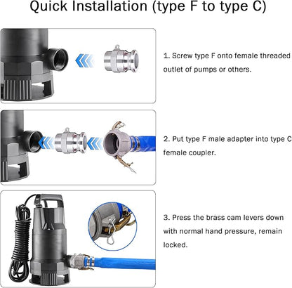 DAVCO 1-1/2" ID × 100 ft PVC Lay Flat Discharge Hose, Heavy Duty Reinforced Blue Pool Backwash Hoses For Swimming Drain Pools, with Aluminum Camlock C and E Fittings, Cam Lock Fitting Type F included