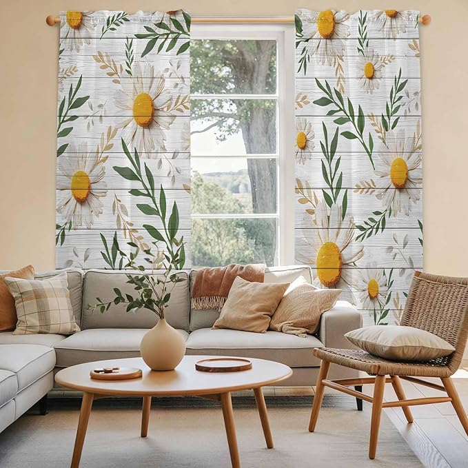 Spring Daisy Kitchen Curtains, Farmhouse Country Flower Leaf Plant Wood Grain Light Filtering Window Curtain Panels, 2Pcs Rod Pocket Window Treatments Set for Living Room Bathroom Bedroom 52x72 Inches