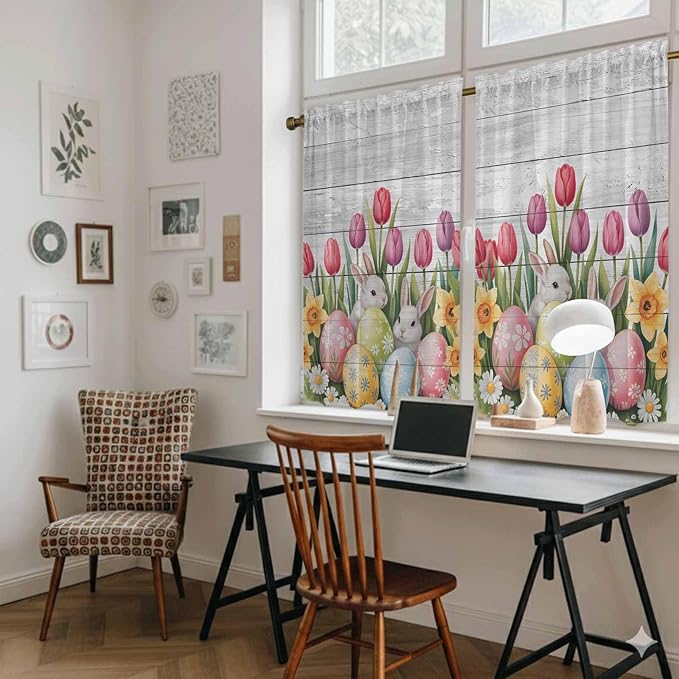 Easter Kitchen Curtains 45 Inch Long 2 Panel Set, Rod Pocket Window Treatment, Retro Spring Bunny Eggs Tulip Farm Wooden Grain Light Filtering Panels Short Drapes for Bathroom Camper 42"W x 45"L