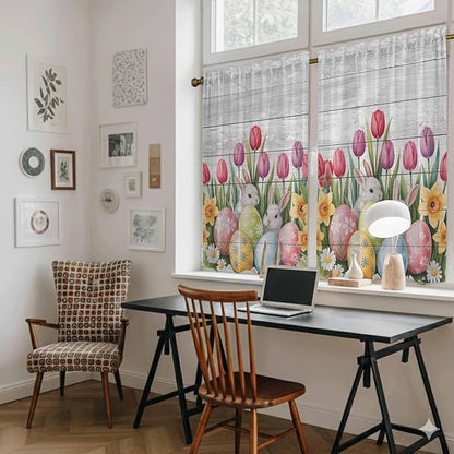 Easter Kitchen Curtains 45 Inch Long 2 Panel Set, Rod Pocket Window Treatment, Retro Spring Bunny Eggs Tulip Farm Wooden Grain Light Filtering Panels Short Drapes for Bathroom Camper 42"W x 45"L