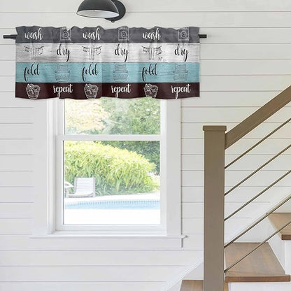 Laundry Rules Valances for Windows, Retro Blue White Wood Board Grain Kitchen Valance Light Filtering Rod Pocket Short Curtains for Kitchen Bathroom, 1 Panel, 56"x16"