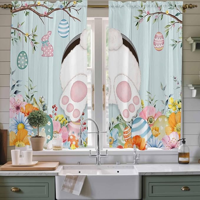 Easter Bunny Window Curtains 63 Inch Long 2 Panel Set,Rod Pocket Bedroom Curtains & Drapes,Easter Eggs Spring Farmhouse Wood Grain Teal Blue Light Filtering Window Treatment 42"W x 63"L