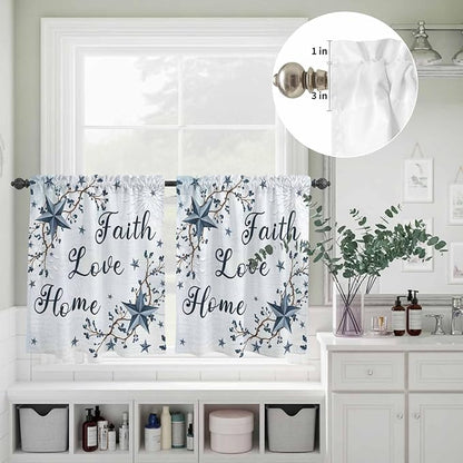 Texas Star Country Kitchen Curtains Set 3 Piece for Windows, Rod Pocket Valance and Tier Set 36 Inch Length, Blue Farmhouse Branches Light Filtering Cafe Curtains for Living Room Bathroom