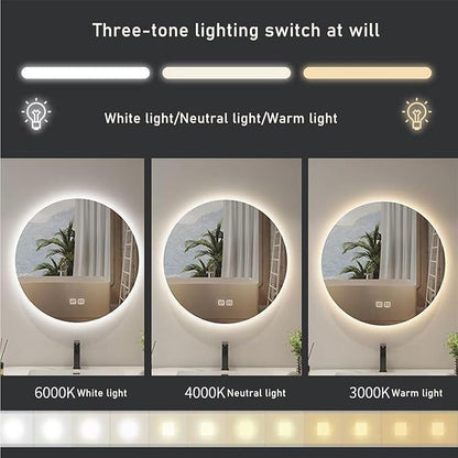 3 Colors LED Bathroom Mirror, Lighted Bathroom Makeup Wall Mounted Mirror with Demister Heat Pad, Touch Switch, Bathroom Vanity Mirror,Dimming Function(A,23.6"/60cm)