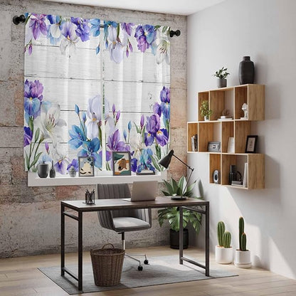 Spring Flowers Kitchen Curtains, Watercolor Garden Florals Wooden Grain Light Filtering Window Curtain Panels, 2Pcs Rod Pocket Window Treatments Set for Living Room Bathroom Bedroom 42x63 Inches