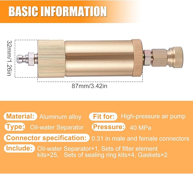 High Pressure PCP Air Filter Oil-Water Separator, 40MPa/5800Psi Inline Moisture Separator with 8mm Quick Connect, Complete Kit with 25 Filters, Sealing Rings & Gaskets for Air Compressor Pump (Yellow)