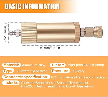 High Pressure PCP Air Filter Oil-Water Separator, 40MPa/5800Psi Inline Moisture Separator with 8mm Quick Connect, Complete Kit with 25 Filters, Sealing Rings & Gaskets for Air Compressor Pump (Yellow)