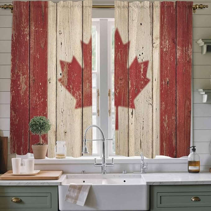 Canada Kitchen Curtains, Red Maple Leaf Flag Vintage Farmhouse Wooden Grain Light Filtering Window Curtain Panels, 2Pcs Rod Pocket Window Treatments Set for Living Room Bathroom Bedroom 42x63 Inches