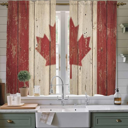 Canada Kitchen Curtains, Red Maple Leaf Flag Vintage Farmhouse Wooden Grain Light Filtering Window Curtain Panels, 2Pcs Rod Pocket Window Treatments Set for Living Room Bathroom Bedroom 42x63 Inches
