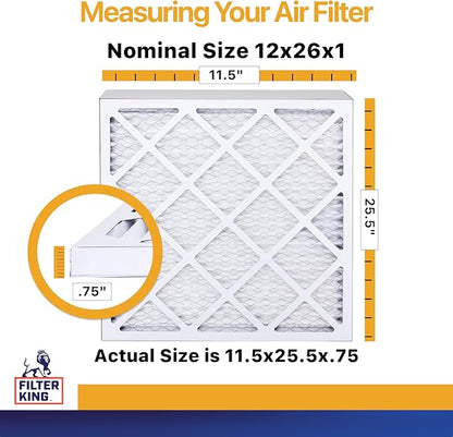 Filter King 12x26x1 Air Filter | 4-PACK | MERV 13 HVAC Pleated A/C Furnace Filters | MADE IN USA | Actual Size: 11.5 x 25.5 x .75"