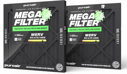 PuroAir MegaFilter - 12x12x1 Air Filter MERV 13 Activated CarbonTech Defense - Heavy Duty 3 Layer Furnace Filters Allergens, Pollen, Dust, Pet Dander, Smoke, Odors - HVAC Air Filter 12x12x1 (2-Pack)