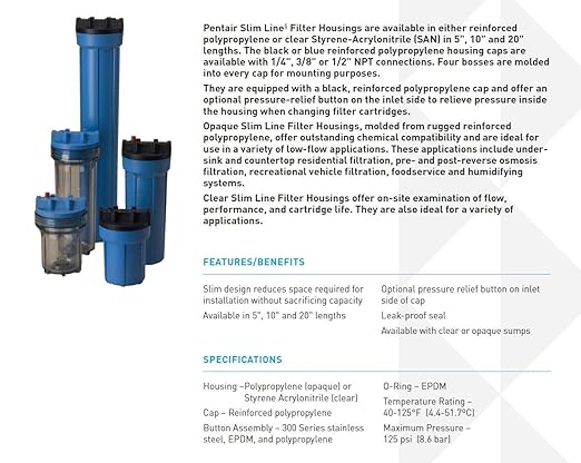 Pentair Pentek 158008 Traditional Slim Line Filter Housing, 3/8" NPT #10 Under Sink Clear Water Filter Housing, 10-Inch, Clear