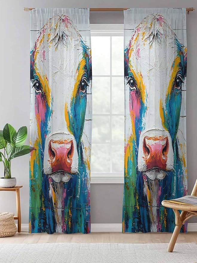 Sheer Curtains 96 Inches Long, Farmhouse Oil Painting Semi Sheer Curtains Light Filtering Window Treatment, Colorful Cow Animal Wooden Grain Privacy Voile Drapes for Living Room Bedroom 52x96 Inch
