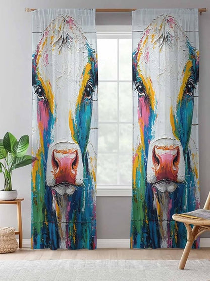 Sheer Curtains 96 Inches Long, Farmhouse Oil Painting Semi Sheer Curtains Light Filtering Window Treatment, Colorful Cow Animal Wooden Grain Privacy Voile Drapes for Living Room Bedroom 52x96 Inch