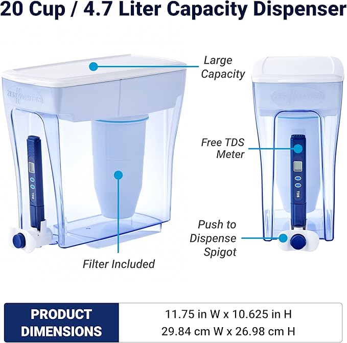 ZeroWater 20-Cup Ready-Pour 5-Stage Water Filter Dispenser with 0 TDS Water Filter – IAPMO Certified to Reduce Lead, Chromium, and PFOA/PFOS