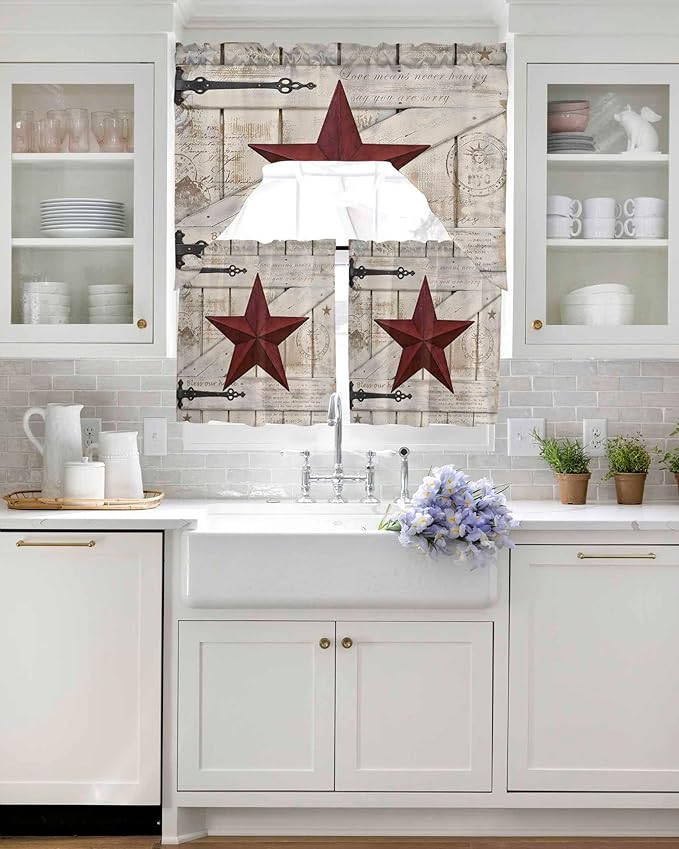 Village Stars Swag Kitchen Curtains Valance and Tier Set, Vintage Dark Red Star Beige Barn Doors Light-Filtering Swag Valance 24 Inch Length, Rod Pocket Short Curtain for Bedroom Cafe