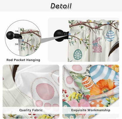 Easter Window Curtains 63 Inch Long 2 Panel Set, Rod Pocket Bedroom Curtains & Drapes, Spring Farmhouse Watercolor Bunny Eggs Wood Grain Light Filtering Window Treatment for Living Room 42"W x 63"L