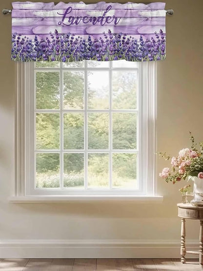 Kitchen Valances for Window, Retro Lavender on Farm Wood Grain Light Filtering Rod Pocket Valance Curtain, Watercolor Purple Flowers Short Curtains Window Topper for Bedroom Living Room 54x18in