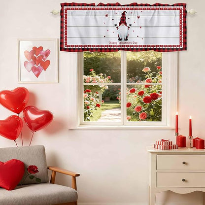 Valentine's Day Valance Curtains for Kitchen, Gnome Red Love Plaid Wood Grain Privacy Rod Pocket Valance Curtain, Light-Filtering Window Treatment for Bedroom Bathroom, 42"x18"