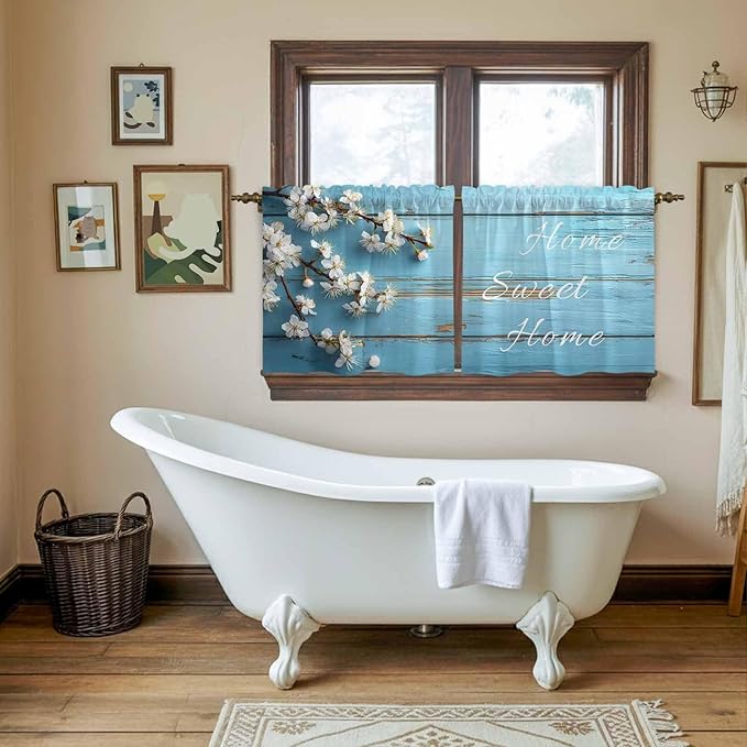 Farmhouse Wooden Grain Tier Curtains, Vintage Shabby Chic Flower Blue Light Filtering Kitchen Curtains, 2Pcs Rod Pocket Half Window Treatments Panels for Sink Cafe Cabinet Camper 27.5x24 Inches