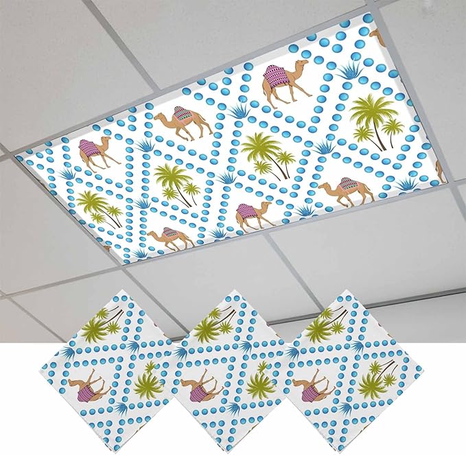 3 Pack Fluorescent Light Cover, Camels Palm Trees Light Covers for Ceiling Lights, Tropical Desert Animal Plants Polka Dot Magnetic Lights Filters Ceiling Shade for Classroom/Office - 4 x 2 Feet