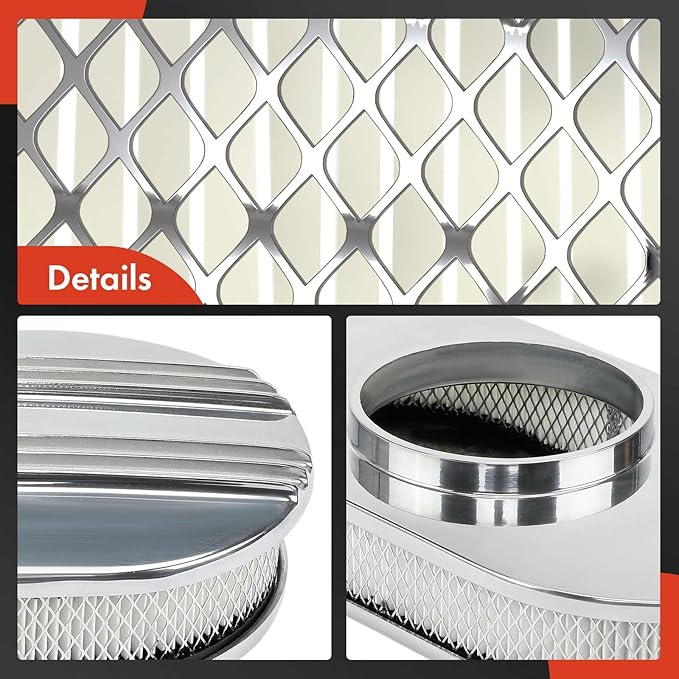 A-Premium Universal Air Cleaner Filter Assembly - Compatible with 15" x 2", Oval Chrome Polished Half Finned Air Cleaner